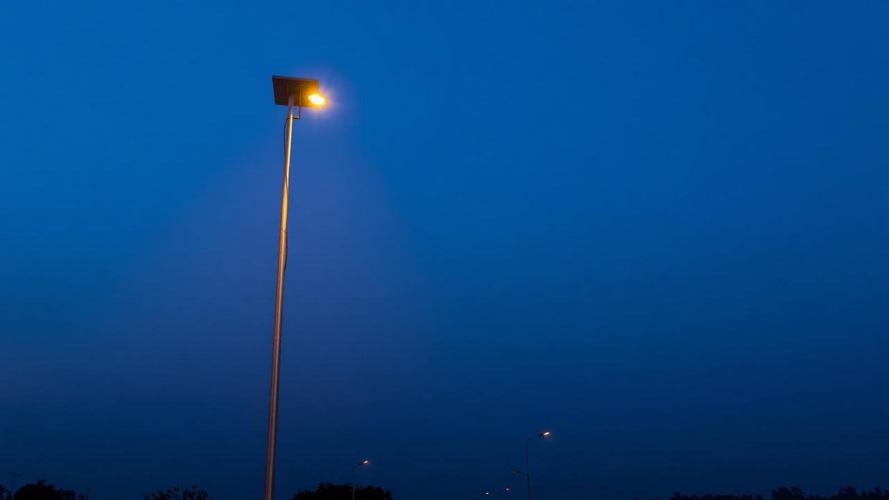Solar street light glowing at dusk